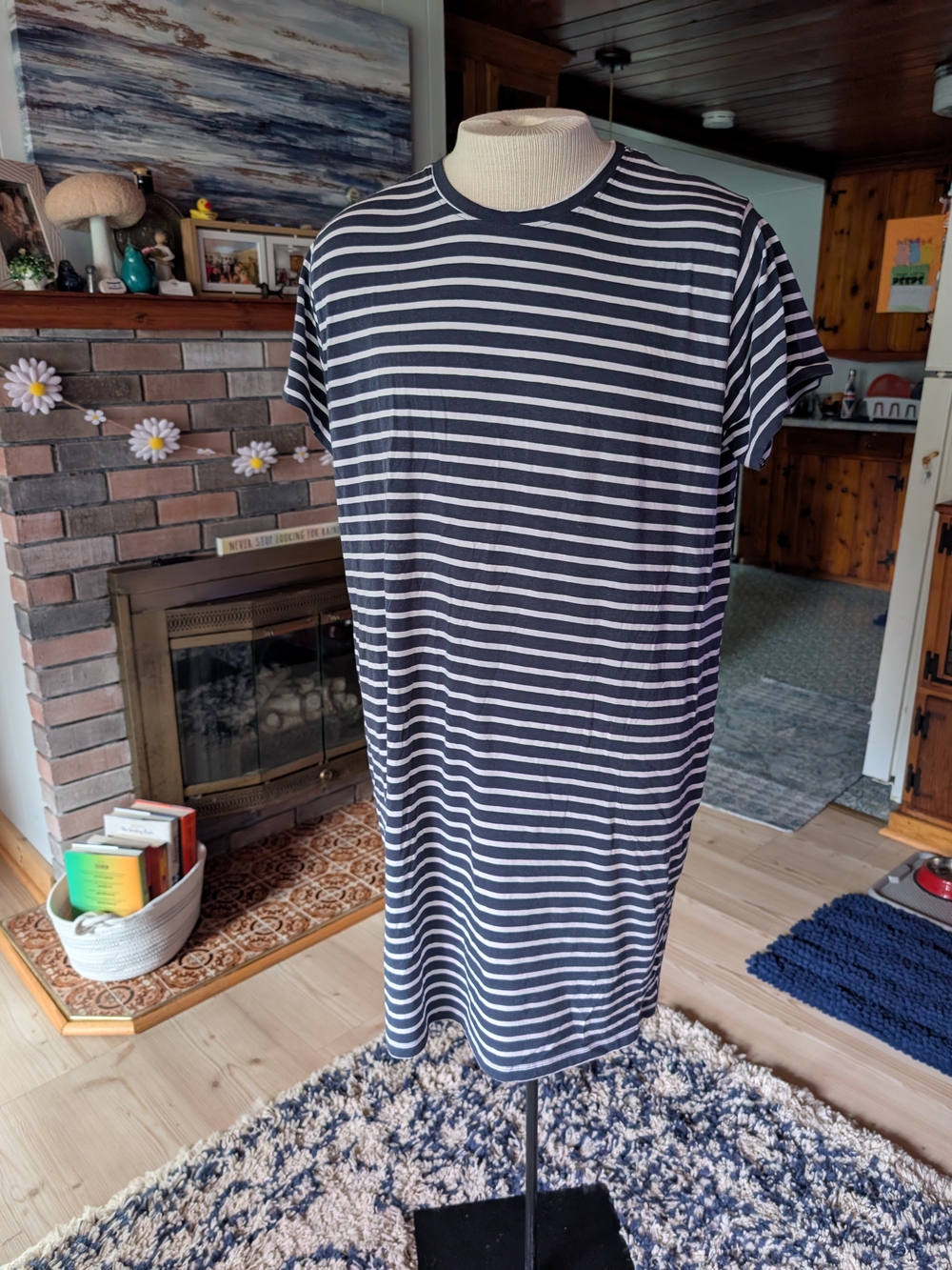 Striped Navy and White Midi T-Shirt Dress